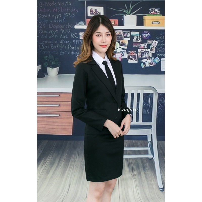 เสื้อสูทใส่ทำงานผู้หญิงสีดำ ทรงเข้ารูป ผ้าวาติโน