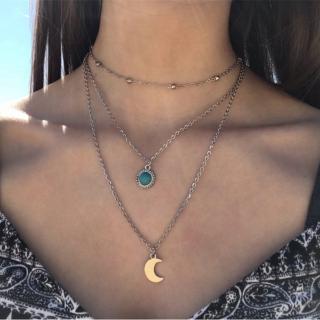 Vintage Silver Multilayer Moon Necklace For Women Boho Green Stone Pendant Necklace Fashion bead Choker Necklace Collar Jewelry