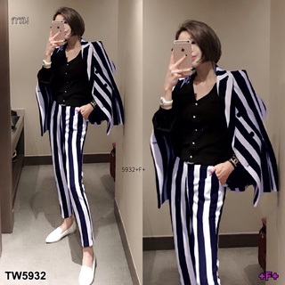 TW5932  Set 2 ชิ้น เสื้อสูทลายริ้ว งานผ้าโฟเวย์  ใส่คู่กับกางเกงขายาว ทรงกระบอกเล็ก เอวยืดสม็อคหลัง งานทรงสวย