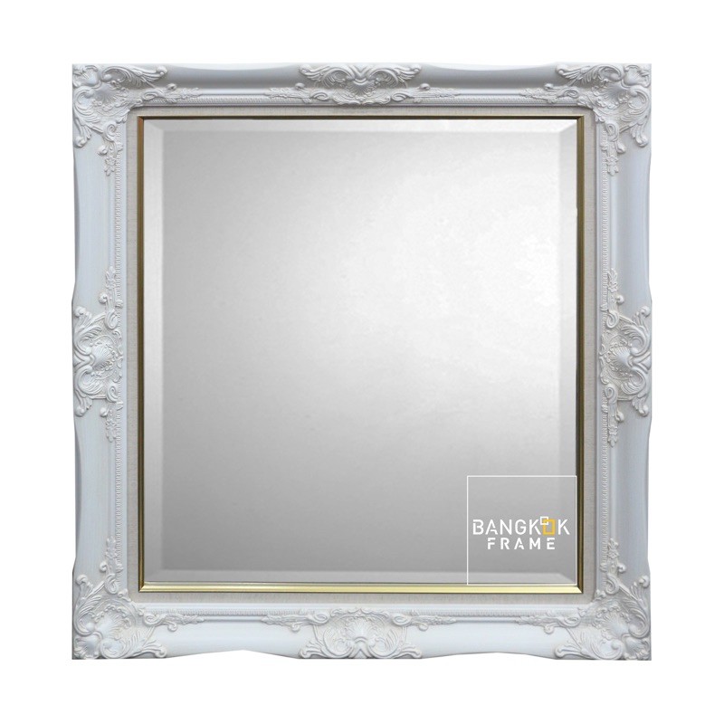 BangkokFrame-กรอบรูป-กระจกเงา-กรอบหลุยส์ไม้จริงสีขาวพร้อมกระจกเงาเจียปลี ขนาดขอบนอกกรอบ~26x30 นิ้ว ส