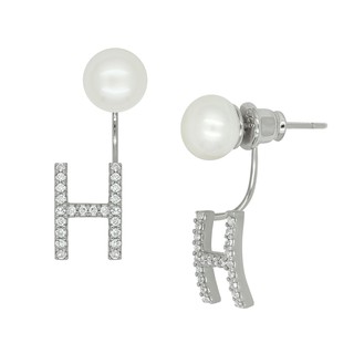 A.CEMI  Initial Pearl Stud Earring - 1 Pair White Gold ต่างหูมุกแท้ สีทองขาว มุกแท้ ต่างหูเงินแท้ ชุบทองขาว 18K