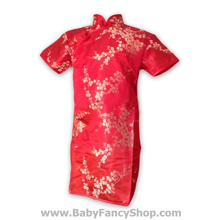 CNY46R ชุดจีนเด็กหญิง ชุดกระโปรง กี่เพ้า ผ้าไหมแพร คอเฉียง แขนสั้น :: สีแดง size 6 (3 - 4 ปี สูง 95-