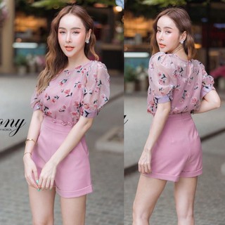 Peony Set เสื้อแขนสั้นพิมพ์ลายดอกกำมะหยี่+กก.ขาสั้นเอวระบาย มาพร้อมซับในสายเดี่ยว