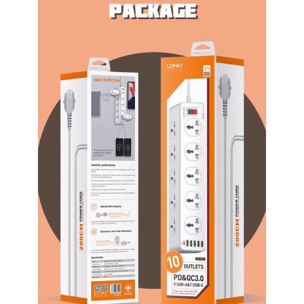 LDNIO ปลั๊กพ่วง ปลั๊กไฟ 10Socket รองรับ 5USB & USB-C QC 3.0 Fast charge ชาร์จเร็ว