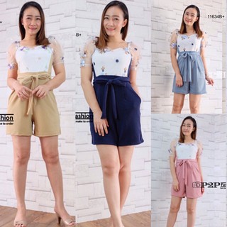 G11634 จั๊มสูทเว้าอกแต่งผ้ามุ้งปักดอกไม้