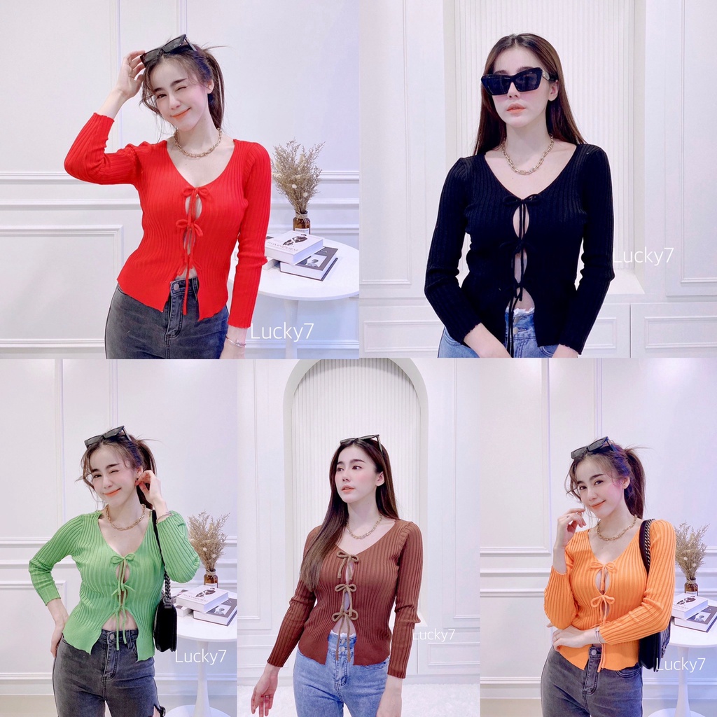 BY IRA jacs เสื้อคลุมไหมพรมผ้าร่อง ดีเทลแต่งโบว์น่ารักๆ