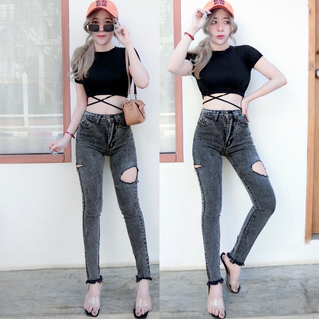 Cc jeans 201 S-5XL กางเกงยีนส์ผู้หญิง ทรงเดฟ เอวสูง ปลายขาตัด แต่งขาดแฟชั่น – โปรปัง