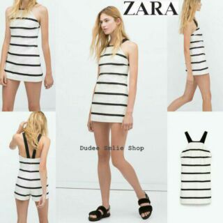 ZARA Striped Jumpsuit mจั๊มสูทกางเกงขาสั้นลายขวางสีขาว-ดำ ด้านหน้าเป็นกระโปรง