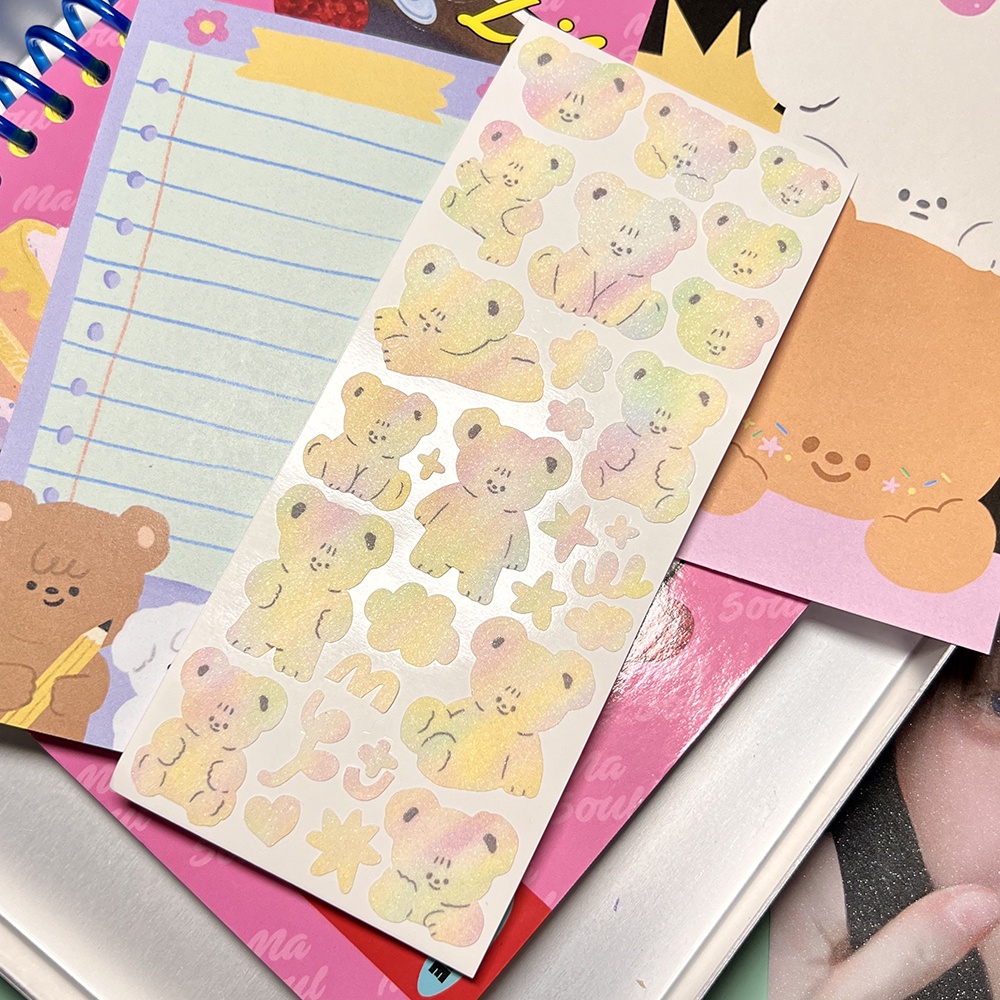 Rainbow Teddy glitter sticker สติกเกอรเท๊ดดี้เรนโบว์สายรุ้ง เนื้อกลิตเตอร์วิ้งวับ น่ารัก ไซส์ 6x14cm | Stickwithme4ev