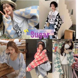 Sugar 🌈พร้อมส่ง🌈เสื้อคลุมแขนยาว ลายหมากรุกผ้าหนาอย่างดี สไตล์เกาหลี(85039)