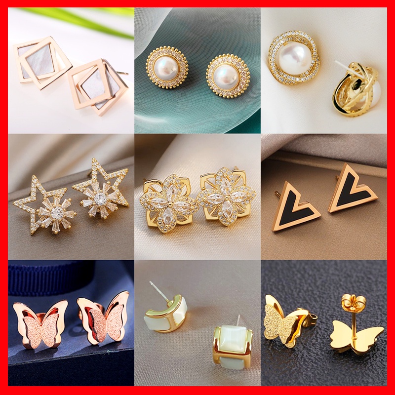 【พร้อมส่ง, ขายส่ง】ต่างหูผู้หญิงสแตนเลสแท้ 100% ต่างหูมุก/ผีเสื้อ เครื่องประดับแฟชั่น ไม่ลอก ไม่ดำ ไม่แพ้