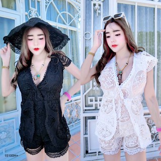 TwinsShopVip💗พร้อมส่ง TW15100 Jumpsuit จั้มสูทลูกไม้แขนกุดคลุมไหล่