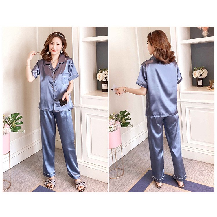 ชุดนอนผ้าซาตินแขนสั้นขายาว ชุดนอนผู้หญิง ผ้าลื่น ซาตินใส่สบายไม่คัน - รูปที่ 3