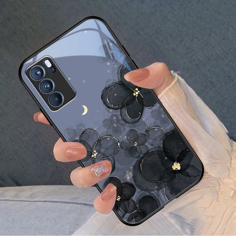 Dmy เคสโทรศัพท์มือถือกระจกนิรภัย ลายดอกไม้ สีฟ้า สําหรับ OPPO reno 6 6z 8 8T 7 pro 7z 8Z 5 4 3 2 2F 