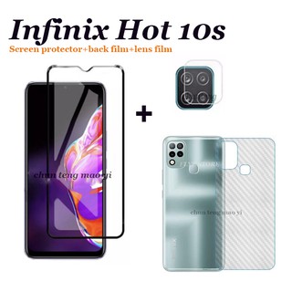 กระจกนิรภัย 3 in 1 Infinix Hot 10s Hot10 เหมาะสำหรับ Infinix Hot 9 Play 8 Tecno pova 2 9H ฟิล์มกันรอยแบบเต็มหน้าจอ ฟิล์มกันรอย + เลนส์กล้อง + ฟิล์มด้านหลัง