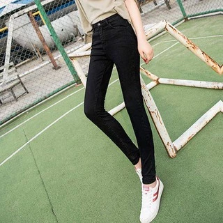 กางเกงยีนส์ผู้หญิง เอวสูง ทรงเดฟยืด ทรงบอยสลิม สีดำ ไซส์ S-38