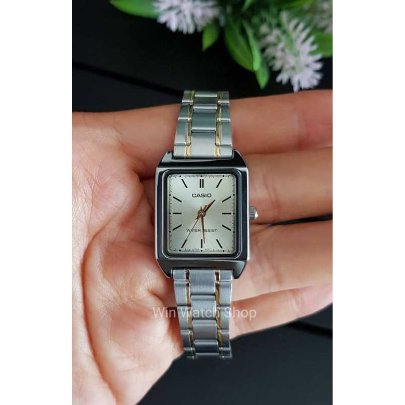 Win Watch shop นาฬิกา Casio รุ่น LTPV007SG9E นาฬิกาผู้หญิงสายแสตนเลส สองกษัตริย์ หน้าปัดทอง