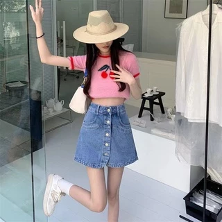 Swan shop ✨พร้อมส่ง✨ กางเกงกระโปรงยีนส์เอวสูงทรงเอ มีสองสีให้เลือก สไตล์เกาหลี ผ้ายีนส์แท้