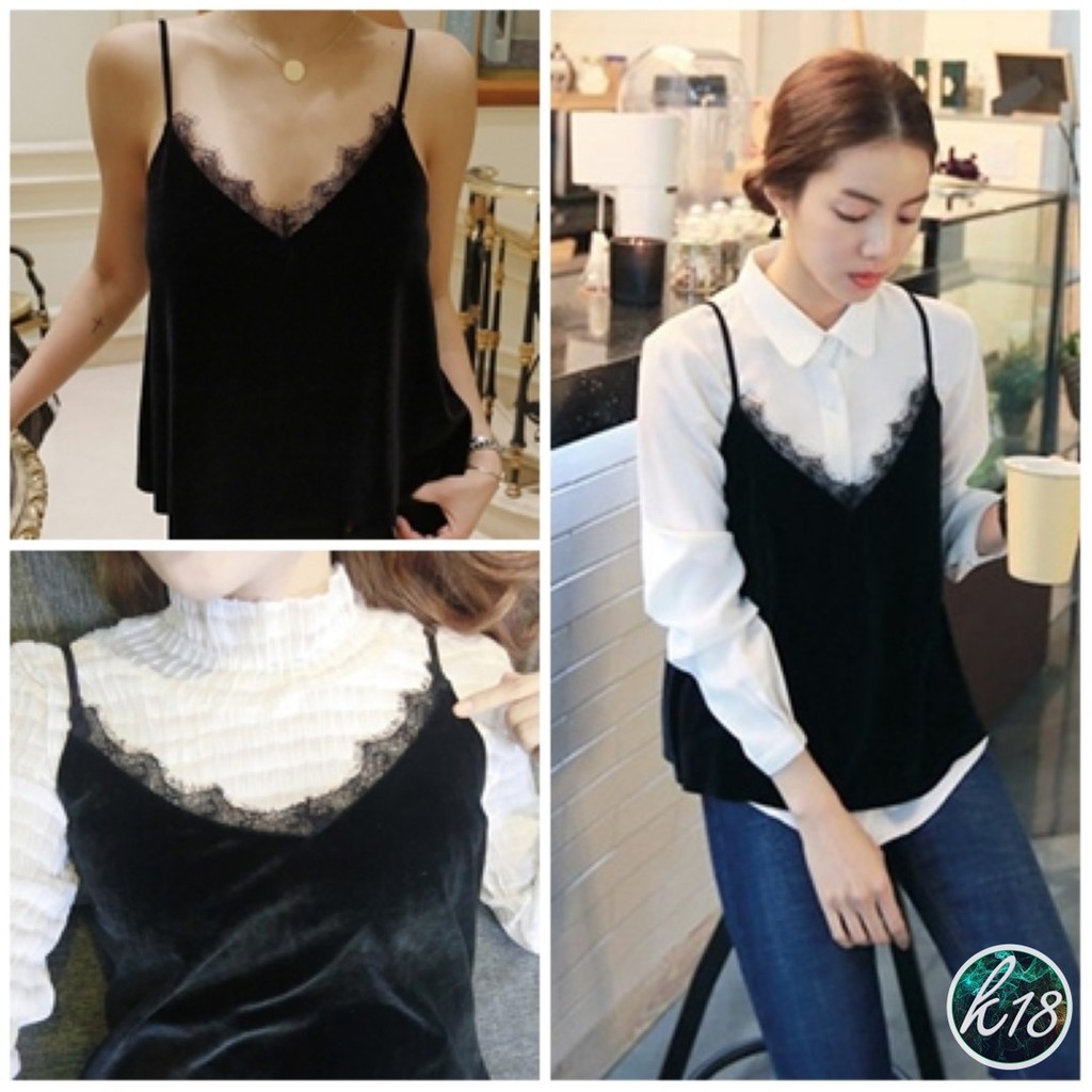 K18 Korean เสื้อสายเดี่ยวแฟชั่นสายปรับระดับได้ คอวีแต่งลูกไม้