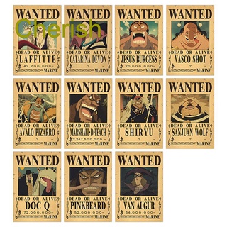 สติกเกอร์โปสเตอร์ ลายการ์ตูนอนิเมะ One Piece WANTED Luffy Roronoa Zoro Nami สไตล์วินเทจ สําหรับติดตกแต่งผนังห้องนอนเด็ก 1 ชุด