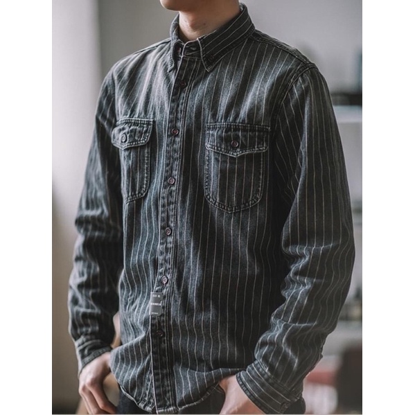 เชิ้ตยีนส์ ลายทาง สีดำ Riff Rock Vintage Striped Denim Shirt