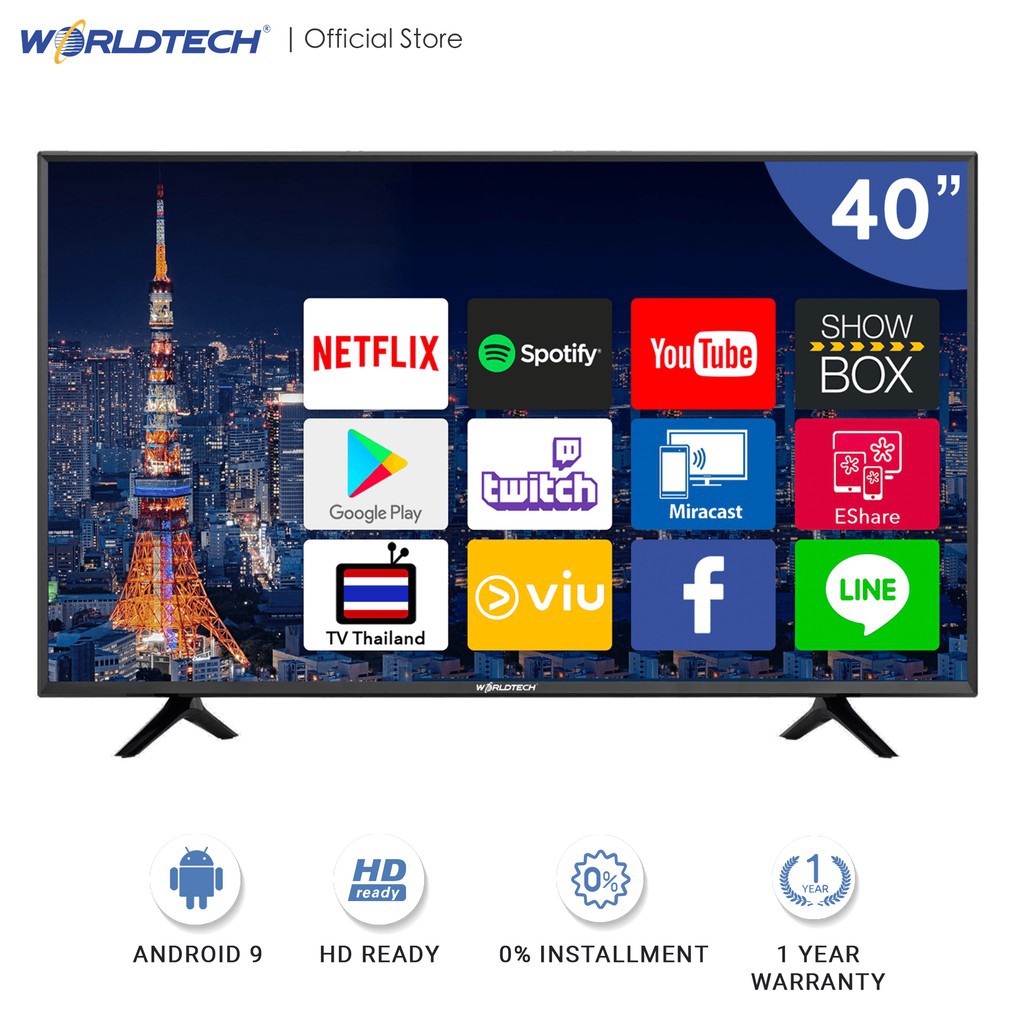 Worldtech 40 นิ้ว Android Smart TV แอนดรอย สมาร์ททีวี HD Ready YouTube/Internet ฟรีสาย HDMI (2xUSB, 3xHDMI)(ผ่อนชำระ 0%)