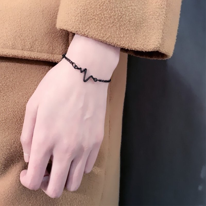 สร้อยข้อมือเงิน สีดํา ทอง เรียบง่าย อิเล็กโทรไดโอแกรม สร้อยข้อมือโซ่ ปรับได้ สําหรับผู้ชาย / ผู้หญิง / คู่รัก