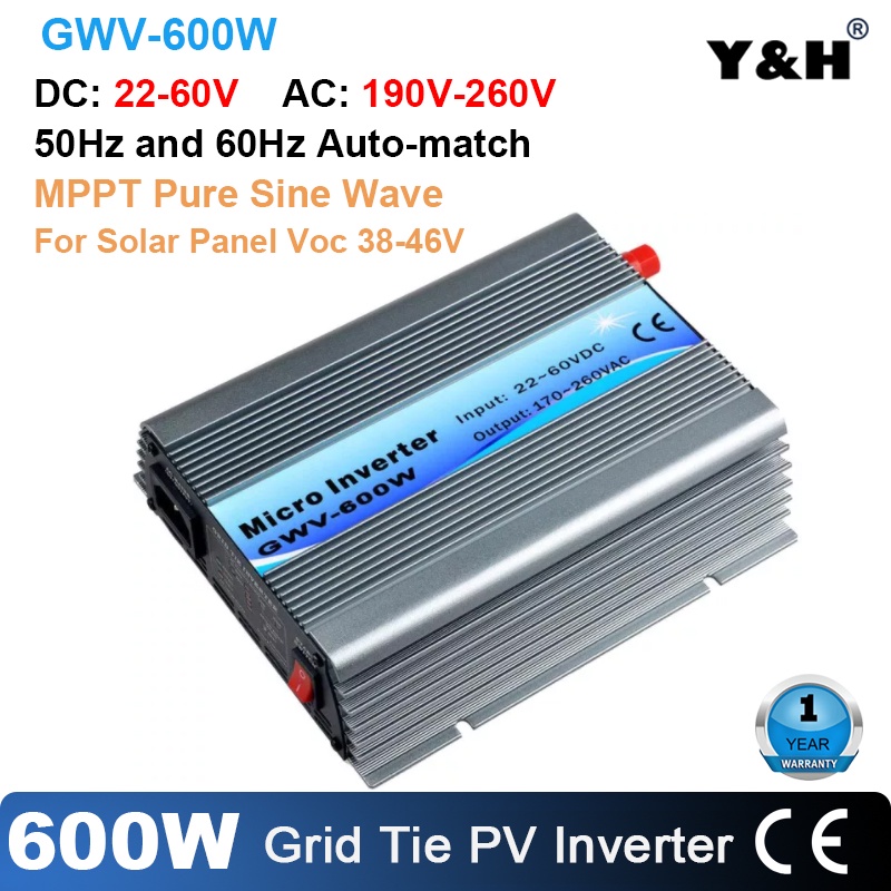 Y&H MPPT กริดไทล์อินเวอร์ (Grid Tie Inverter) 600วัตต์ อุปกรณ์เเปลงไฟ DC22-60โวลต์ - AC230โวลต์