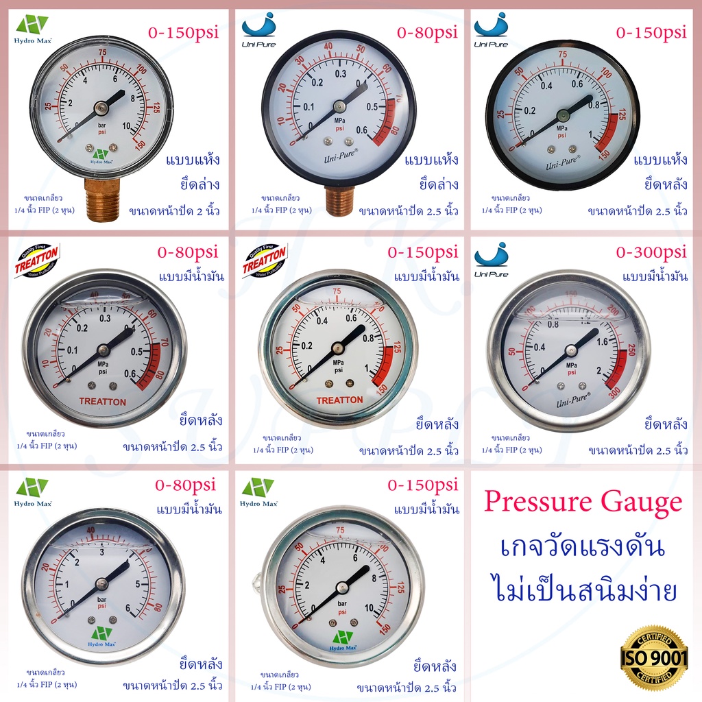 เกจวัดแรงดัน Pressure Gauge แบบแห้ง แบบมีน้ำมัน เกลียวออกล่าง เกลียวออกหลัง 1/4 6-20 บาร์ PSI  Unipu