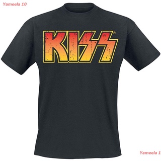 เสื้อยืดผ้าฝ้ายพิมพ์ลายขายดีKISS Officially Licensed Distressed Logotype Mens T-Shirt (Black) คิส วงร็อค เสื้อพิมพ์ลาย