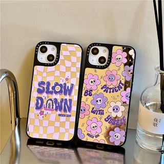 CASETiFY Pink Grid Slow Down &amp; Be Patient with Yourself Floral Mirror Case iPhone 13 Pro MAX 12 11 Pro XR X XS 7/8 Plus SE2020 TPU Shockproof Phone Cover Back Cute Fashion INS Style Casing