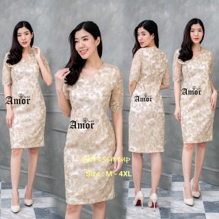 ชุดออกงาน ชึดราตรี ชุดไปงาน ชุดเดรส ชุดคนอ้วน ชุดสีทอง 324# ⚜Amor Elegant  Shining Lace Dress ⚜