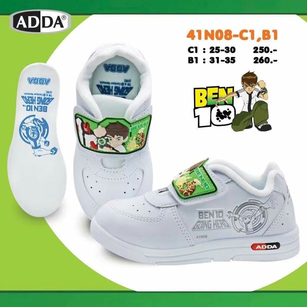 ADDA รองเท้าผ้าใบเด็ก เบ็นเท็น Ben10 นักเรียน แอดด้า สีขาว ผ้าใบ ผ้าใบสีขาว รองเท้าผ้าใบสีขาว วันพีช -ราคาล้างสต็อก