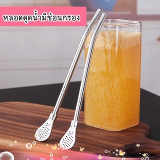 ช้อนกรองชา พร้อมส่ง หลอดดื่มสแตนเลส ช้อนสแตนเลส2in1 เป็นได้ทั้งหลอดและช้อนกรองชา หลอดดื่ม
