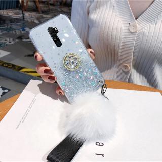 เคส OPPO A5 2020 A9 2020 Phone Case Rhinestone Ring Holder Soft Hand Strap Fur Ball Clear Star Space TPU Soft Cover