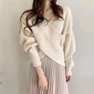 Suxi Korean Cross Loose Long Sleeve Sweater Sexy V-neck Solid Color Sweater