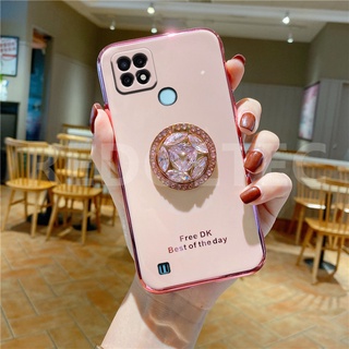 6D เคส Realme C21 C21Y ป้องกันเลนส์หรูหราซิลิโคนอ่อนเคสโทรศัพท์พร้อมที่วางขาตั้งเพชร