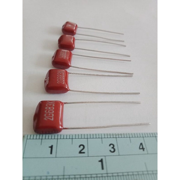 0.068UF 400V C683 68NF 683PF Cไมล่าญี่ปุ่นยี่ห้อGE (แพ็ค5ตัว)ขาห่าง10มิล คาปาซิเตอร์ไมล่า เกรดอย่างด