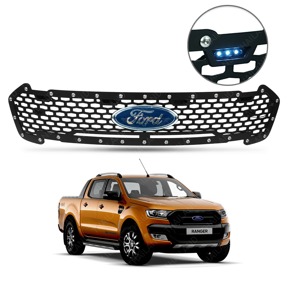 กระจังหน้า v.1 มีไฟ LED ขาว สีดำ 1 ชิ้น สำหรับ ฟอร์ด Ford เรนเจอร์ Ranger ปี 2015 2016 2017