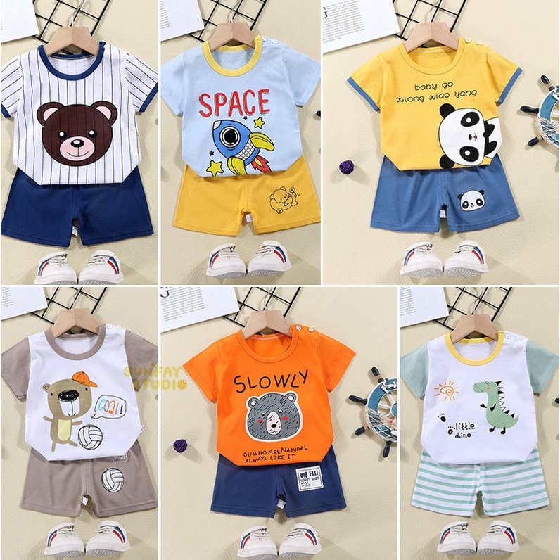 ชุดเด็กเล็กลายการ์ตูน เสื้อแขนสั้นคอกลม+กางเกงขาสั้น มีไซต์ให้เลือกมี หลายแบบ งานน่ารักมากๆ ใส่ได้ทั้งชาย หญิง