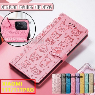 หนังย้อนยุคพลิกกรณีกระเป๋าสตางค์บัตรสำหรับ Xiaomi 11T Pro 11TPRO Magnetic Magnet Stand holder Casing Card Slot Wallet Case Dogs&amp;Cats Cartoon Shell Cover