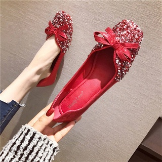 รองเท้าส้นสูง รองเท้าส้นสูงผู้หญิง 2020 Spring New Wedding Shoes เกาหลีเลื่อมสีแดงแบน Four Seasons รองเท้าเดี่ยว Square