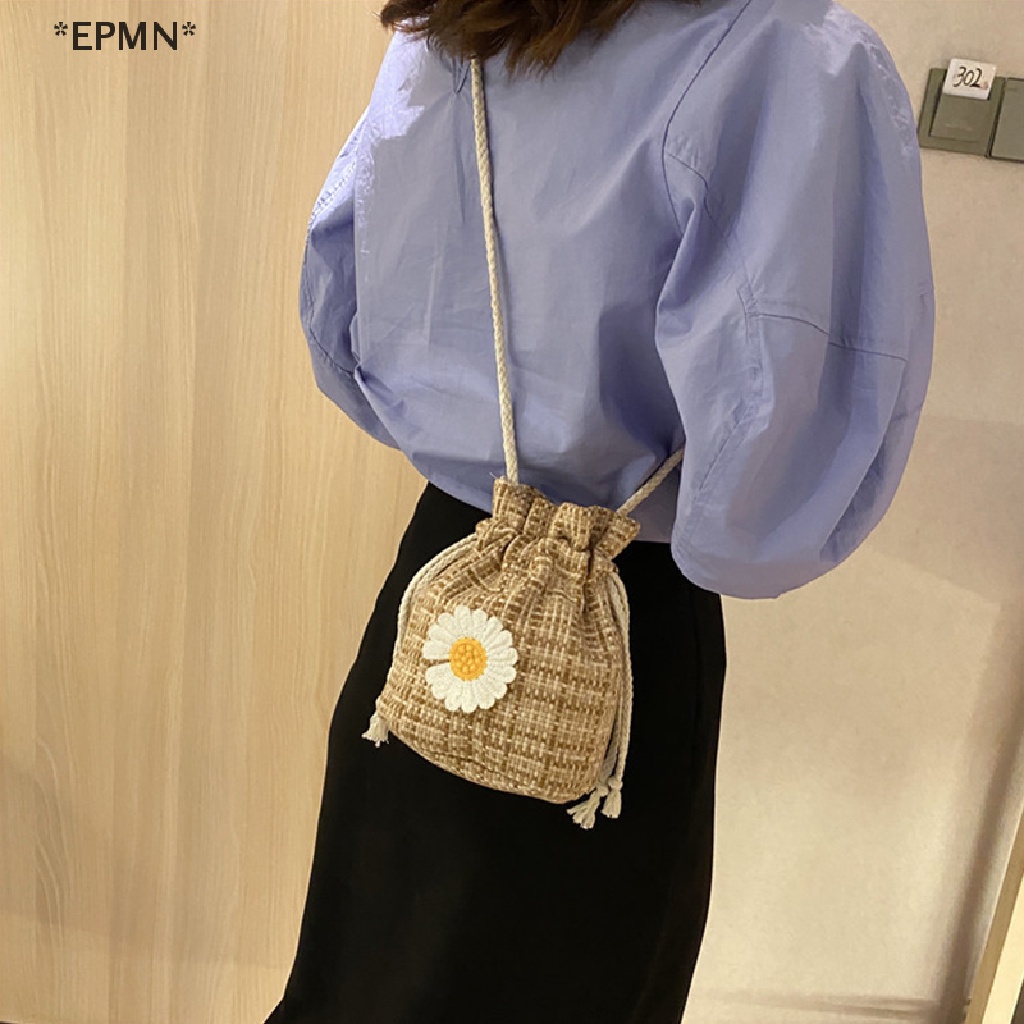 Epmn Small Shoulder Bags Women Drawstring Straw Beach Bags Sun Flower Daisy Bags Hot Sell