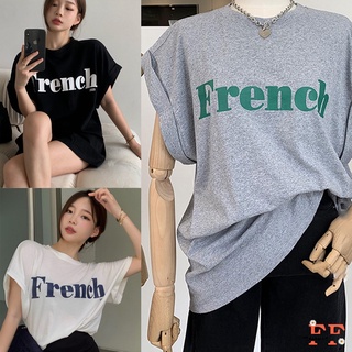 สต็อกไทย❌FF เสื้อยืดสกรีนลาย French คอกลมแขนกุด 4 สี