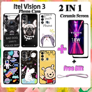 2 IN 1 Itel Vision 3 เคสโทรศัพท์ พร้อมกระจกนิรภัย เซรามิค ป้องกันหน้าจอ ฟิล์มโค้ง ฟิล์มการ์ตูน