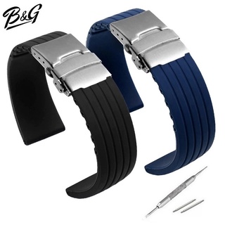 B&amp;G สายนาฬิกา Silicone Strap เเบบนิ่ม สายยางซิลิโคน ลายเส้นตรงสี่เส้นแนวยาว มีขนาด 18 mm, 20 mm, 22 mm, 24 mm