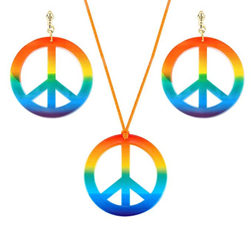 KIN 60s 70s Rainbow Peace Sign จี้สร้อยคอต่างหูเทศกาลสําหรับสาวผู้หญิง