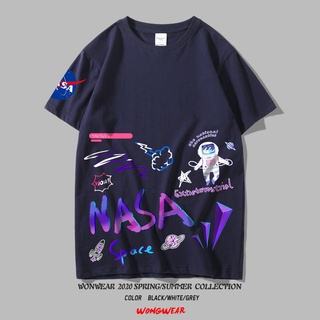 T-shirt  ผ้าฝ้าย nasa ข้อต่อแขนสั้นเสื้อยืดผู้ชายครึ่งแขนคู่น้ำแบรนด์ ins แนวโน้มหลวมขนาดใหญ่ฤดูร้อนความเห็นอกเห็นใจS-5X