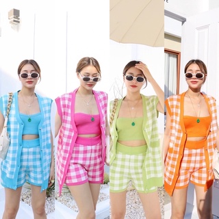 🍊🍏💗☔️(550฿) ชุดเซท3ชิ้น ไหมพรม ลายสก๊อต เสื้อแขนเต่อ แต่งกระดุมเพชร มีเกาะอกแถมให้ค่า