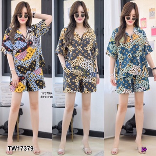 MF17379 Set #สาวอวบ 2 ชิ้น  เสื้อคอโปโลแขนสั้น กับกางเกงขาสั้น เอวสูง มีกระเป๋าล้วง 2 ข้าง เนื้อผ้า 100D พิมพ์ลาย ทรงใส่